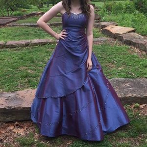 strapless purple prom dress w/ sequins